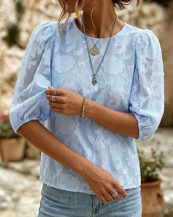 Round Neck Puff Sleeves Blouse