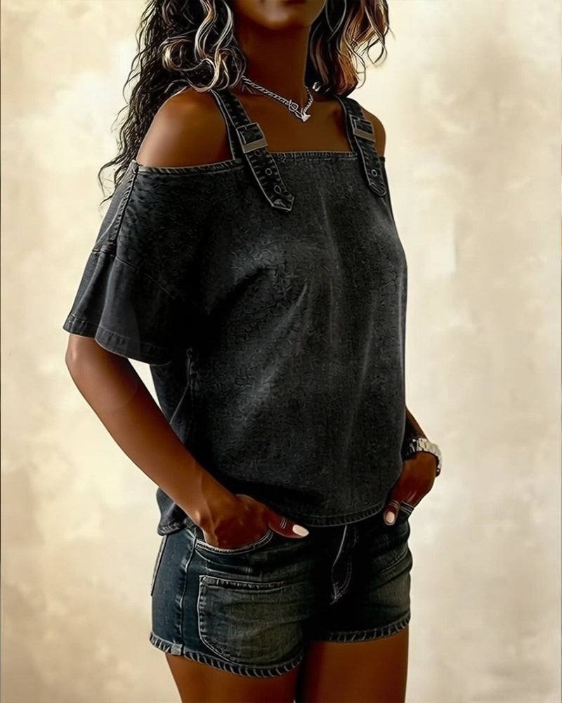 Off-Shoulder With Shoulder Strap Denim Blouse