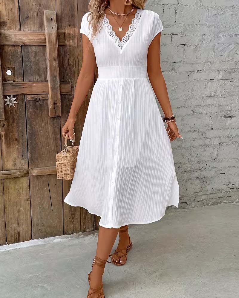 V-Neck Button Slit Dress