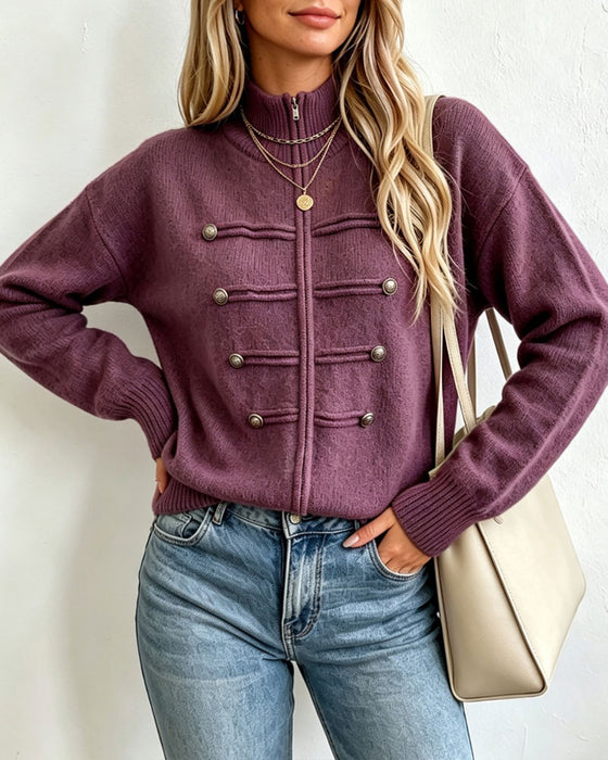Mandarin Collar Fashion Zipper Knit Cardigan