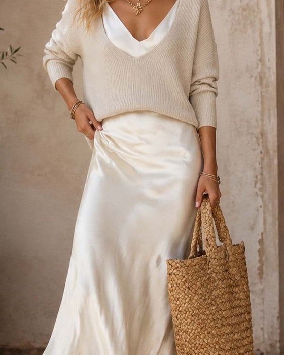 V-Neck Long Sleeve Sweater Solid Slip Dress Two-Piece Set
