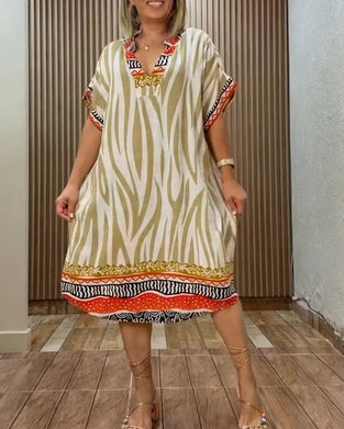Bohemian Zebra Print V-Neck Loose Dress