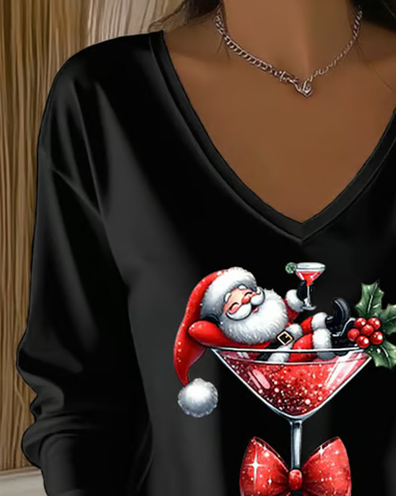 V-Neck Loose-Fitting Christmas Wine Glass Print Top