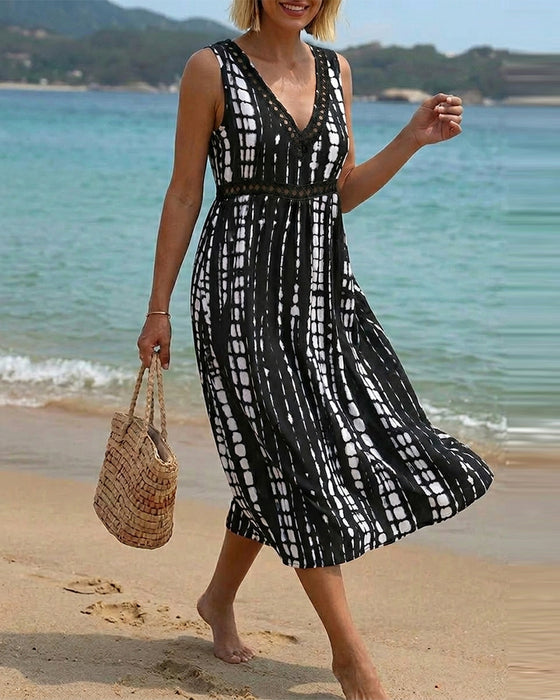 V-Neck Sleeveless Abstract Print Dress