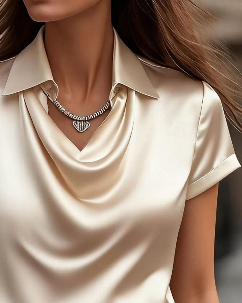 Satin Draped Neck Short-Sleeve Blouse
