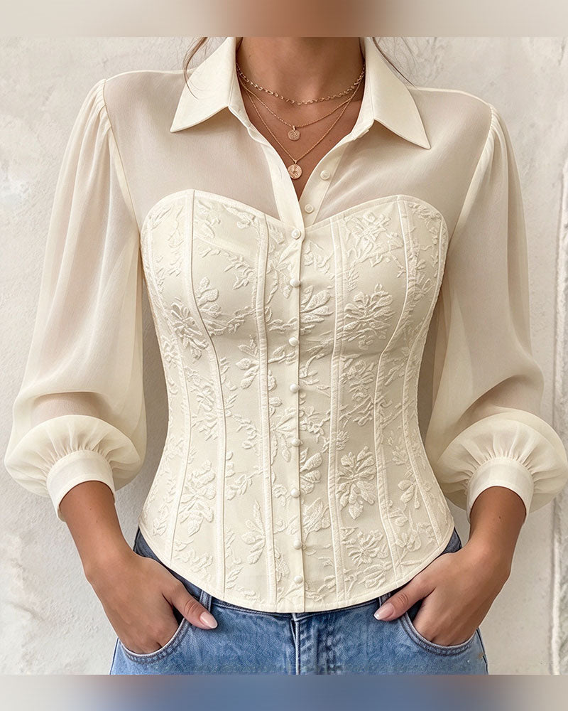Lapel Buttoned Waist Slim Fit Blouse