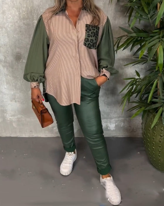 Lapel lantern sleeve leopard print shirt