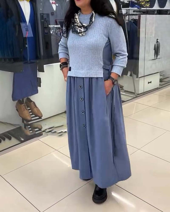 Casual Color-Blocked Round Neck Dress