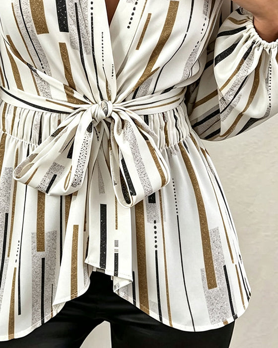 Geometric Stripe Cinched Waist Drawstring Blouse
