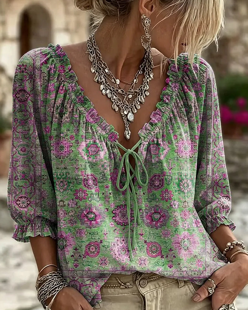 V-Neck Tie Vintage Print Blouse
