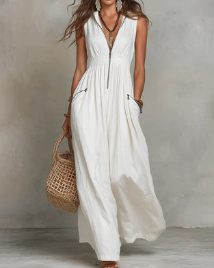 Lapel Sleeveless Zip Long Dress