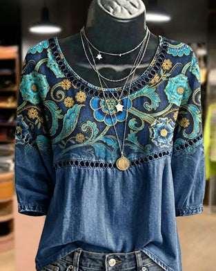Hollow Out Print Vintage Blouse
