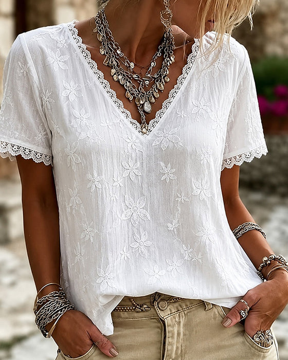 V-Neck Lace Short Sleeve Blouse