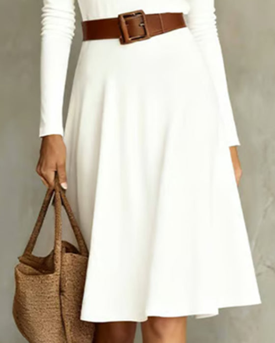 Elegant Solid Color Round Neck Full Skirt Dress