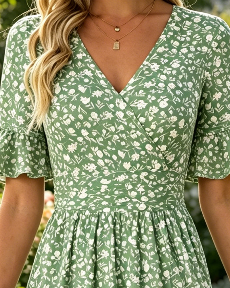 Waist Tie Floral Ruffle Slit Dress