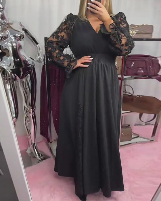 Lace Stitching V-Neck A Hem Dress