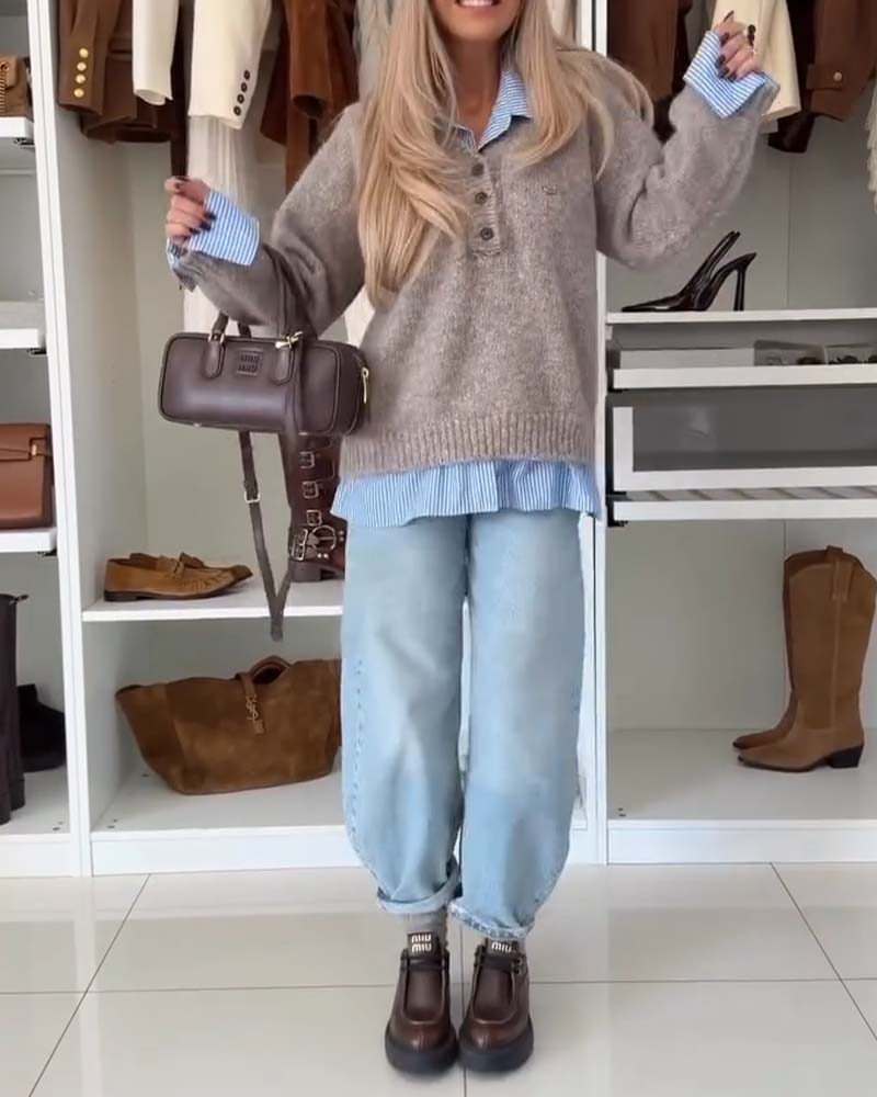 Long-Sleeved Button-Down Collar Jumper