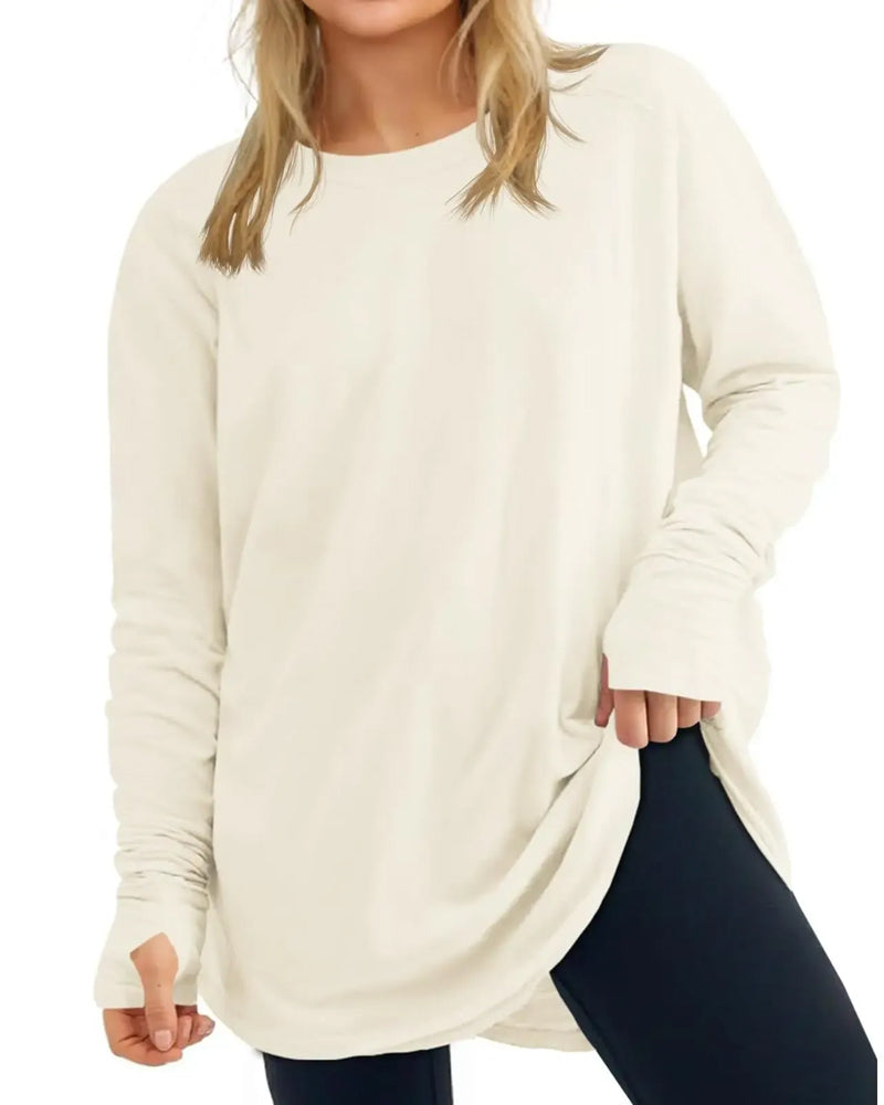 Crew Neck Long Sleeve Solid Color Loose T-Shirt