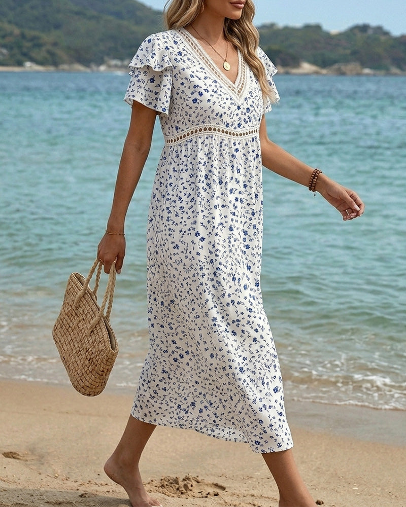Blue White Floral Print V Neck Dress