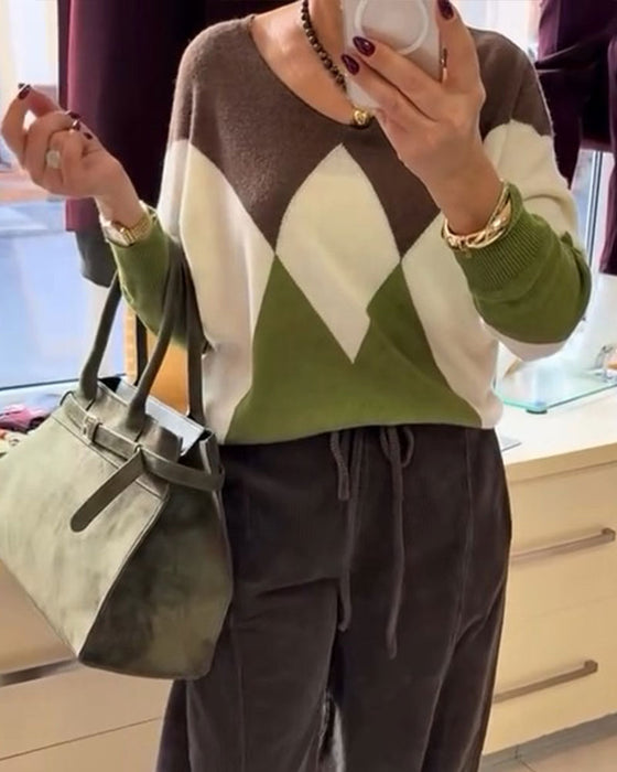 Plaid Contrasting Long-Sleeved Pullover