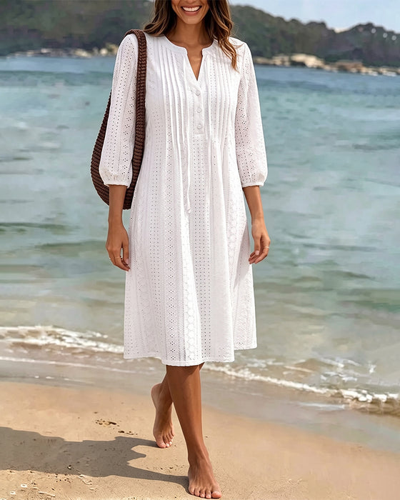 Solid V‑Neck Shirred Cutout Dress