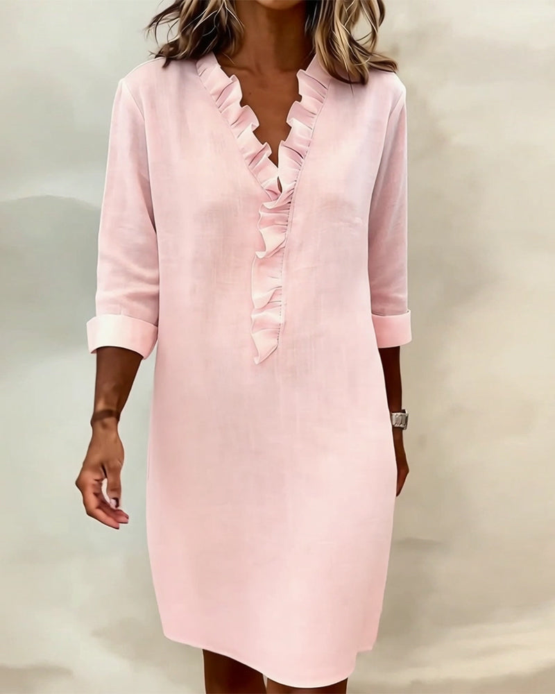 Ruffled V-Neck Solid Color Dress