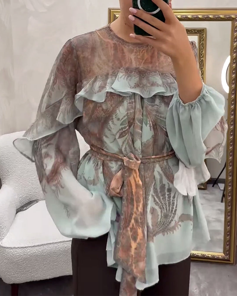 Elegant Printed Ruffled Round Neck Blouse