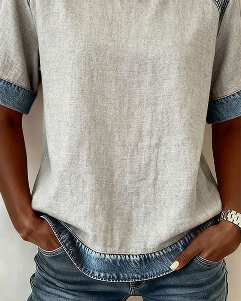 Denim Patchwork Short-Sleeved Top