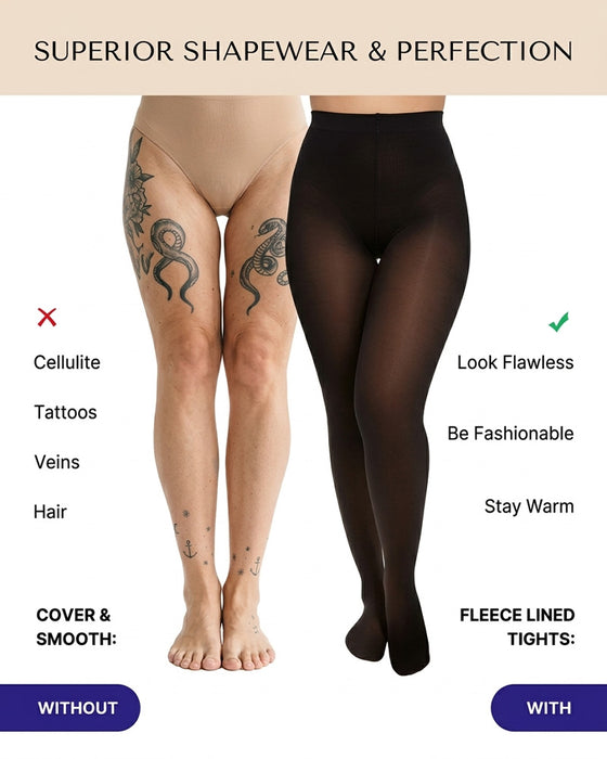 Sheer-Panel with Fleece Lined Tights Stay-Warm Tummy Control Sheer Effect Tights Bodysuit
