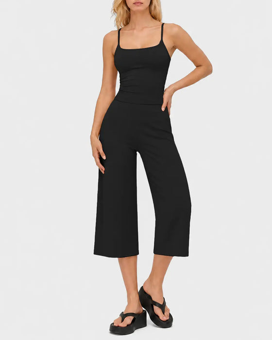 Solid Color Suspender Wide Leg Set