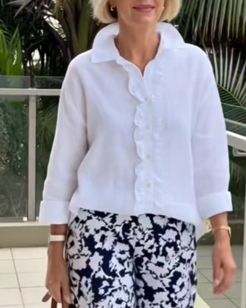 Ruffled Long-Sleeved Solid-Color Collared Blouse