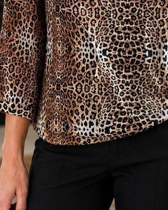 V-Neck Leopard Print Three-Quarter Sleeve Top