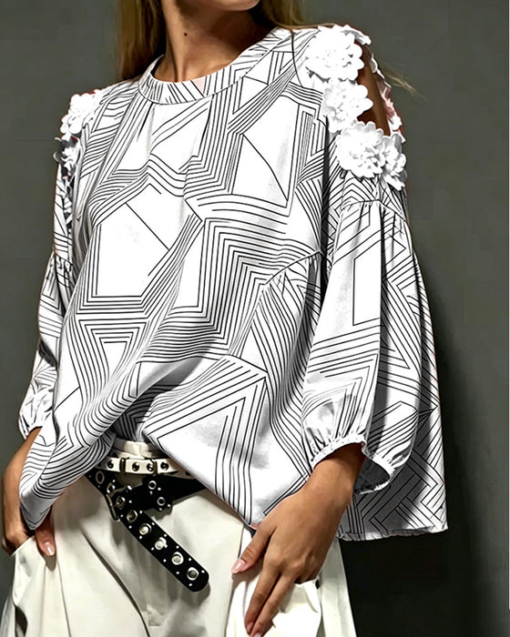 Crew Neck Off-Shoulder Geometric Loose Blouse