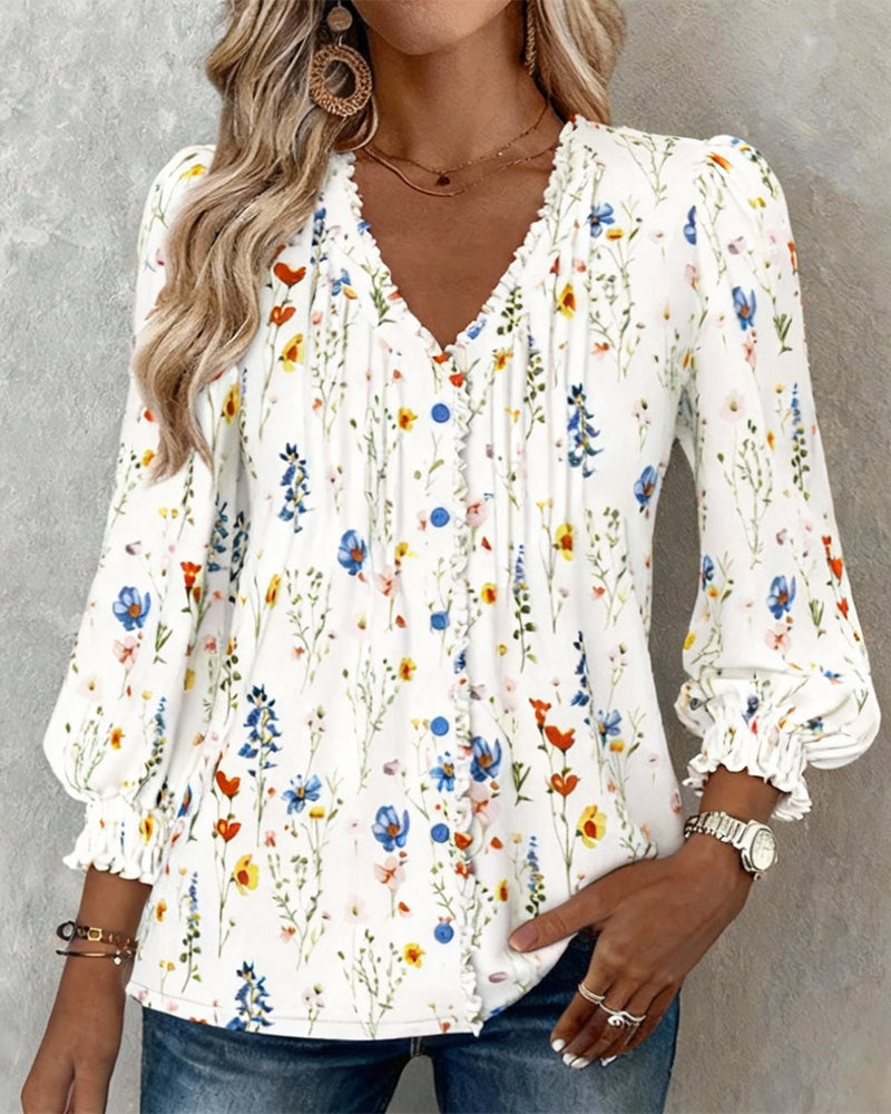 V-Neck Floral Print Stylish Shirt