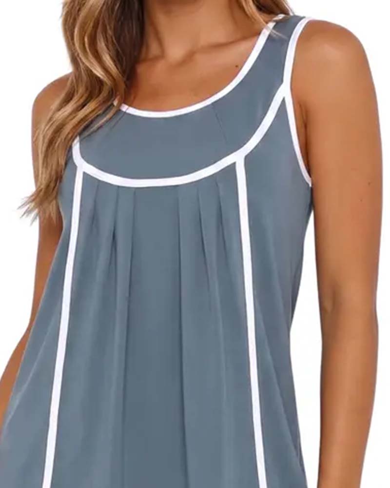 White-Trimmed Color-Blocked Sleeveless Dress