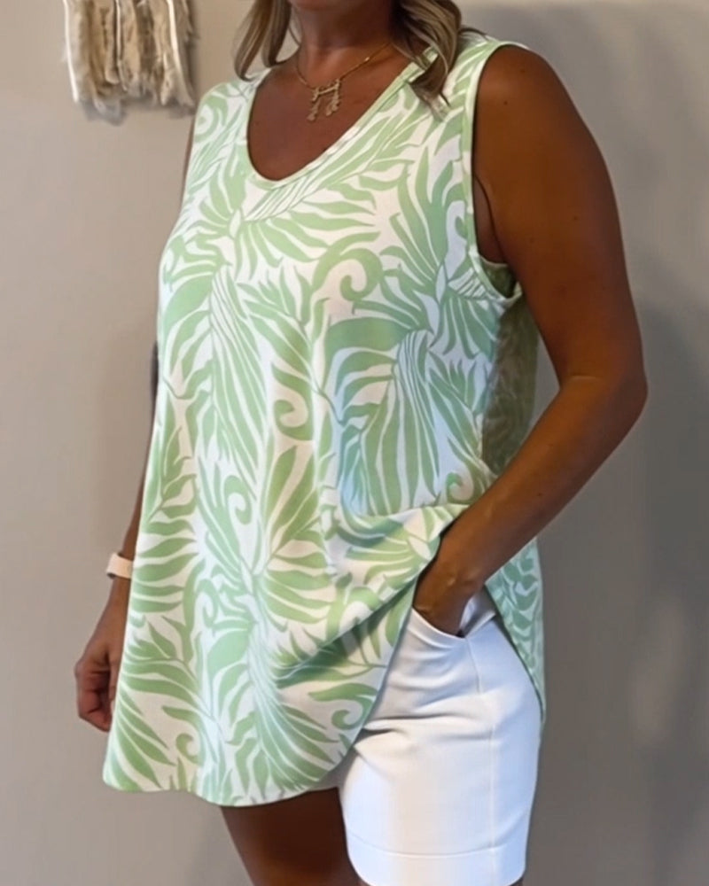 Loose-Fitting Plant-Print Tank Tops