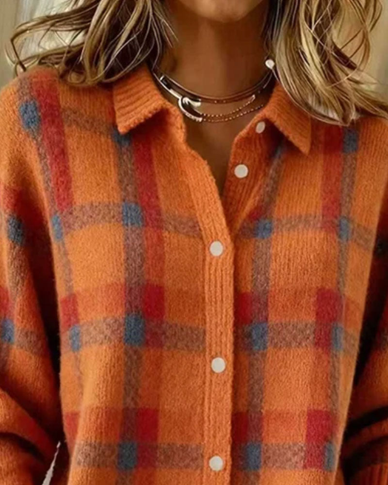 Plaid Shirt Collar Buttoned Cardigan