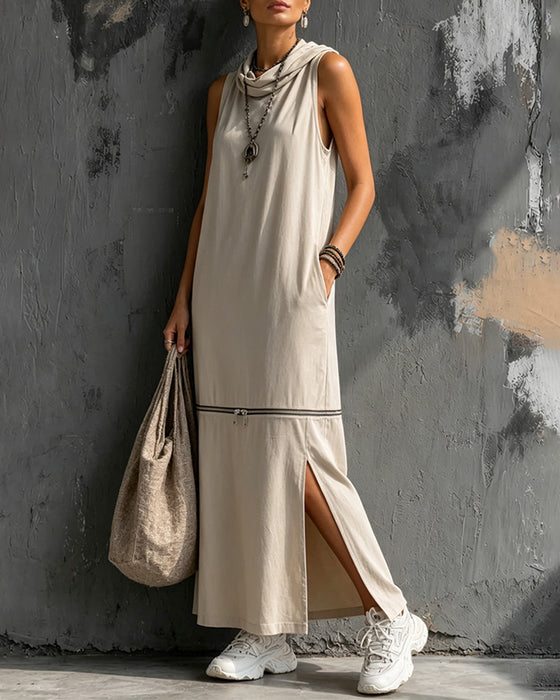 Cowl Neck Sleeveless Zipper Slit Dress