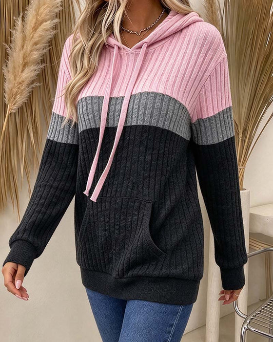 Hooded Ribbed Contrast Pocket Hoodie