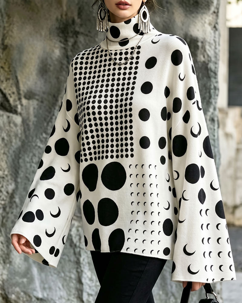 High Neck Polka Dot Flare Sleeve Top