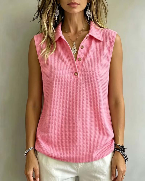 Sleeveless Polo Collar Waffle Tank Top