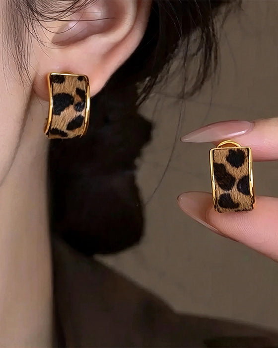 Womens Leopard Print Geometric Statement Hoop Earrings
