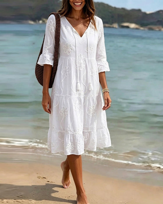V-Neck A-Hem Ruffle Dress