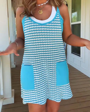 Strappy U-Neck Pocket Color Block Dress