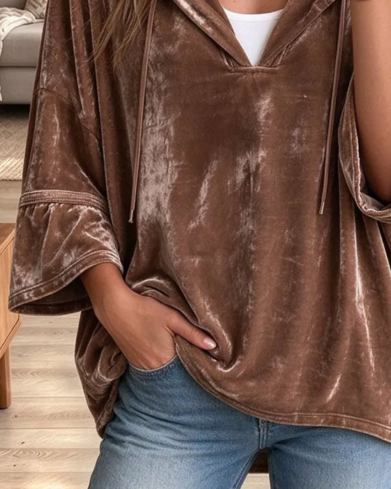 Velvet V-Neck Bell Sleeve Hooded Top