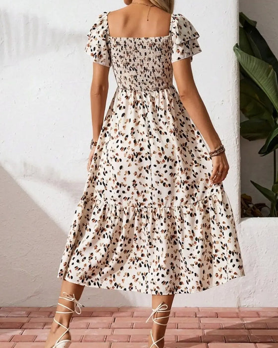 Flutter Sleeve Waist-Cinching Pleated A-Line Dress