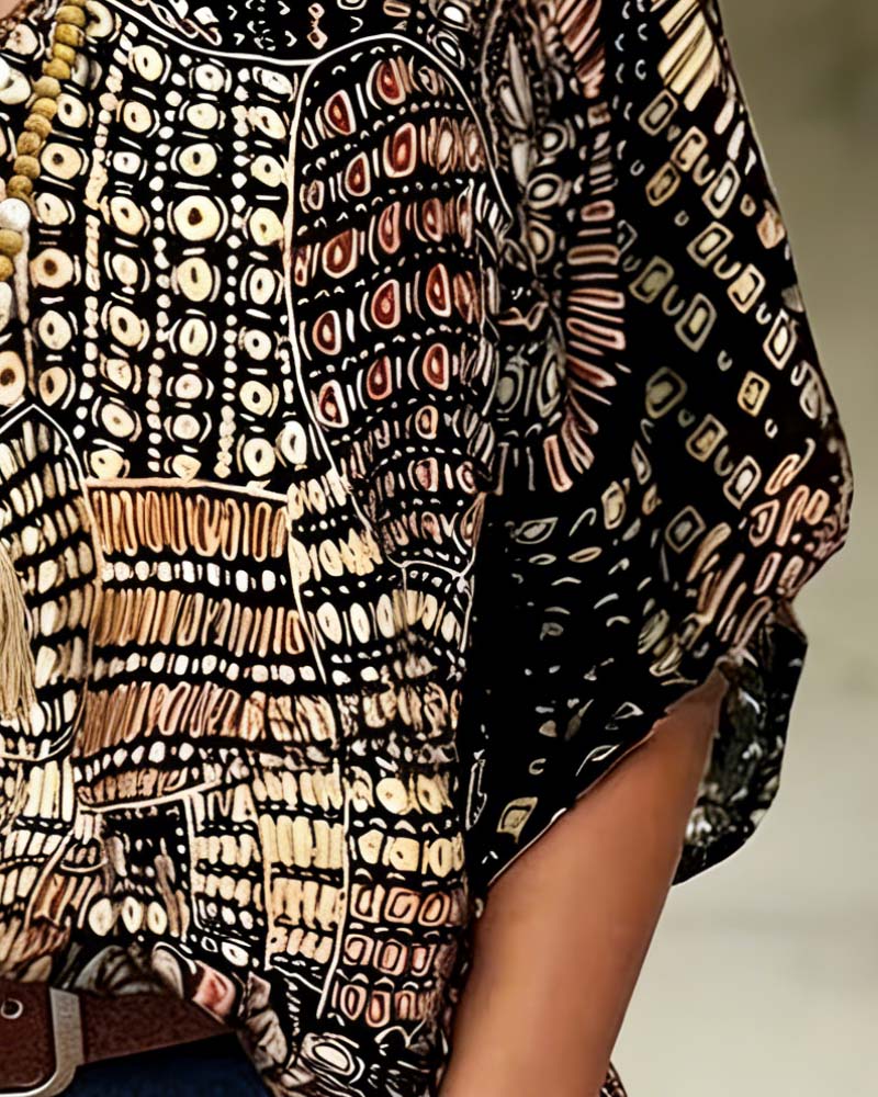 V-Neck Printed Batwing Blouse