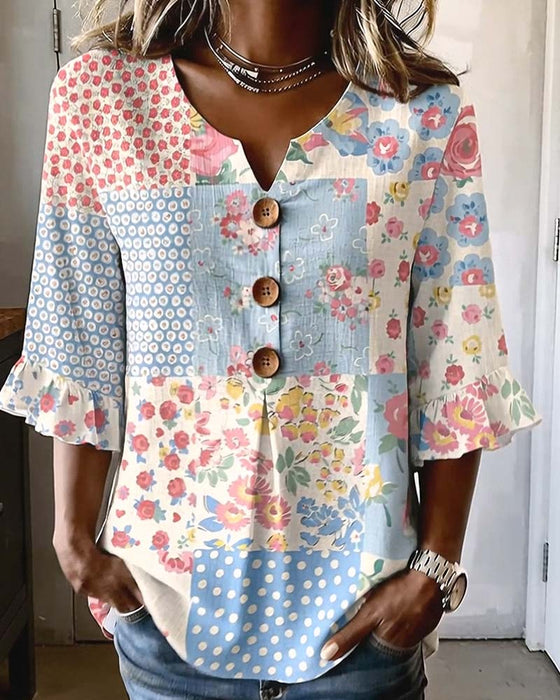 Short-Sleeve Floral Print Patchwork Blouse
