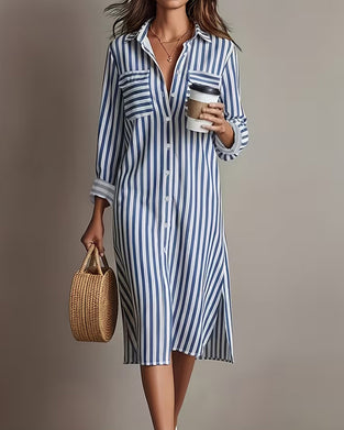 Lapel Vertical Stripe Shirt Dress