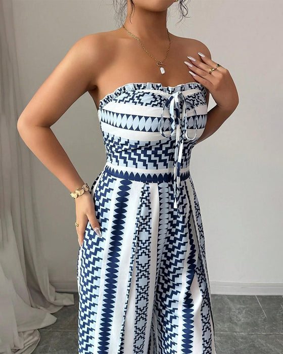 Geometric Bandeau Slit Wide Leg Jumpsuit